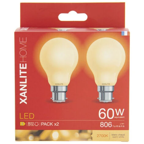 XANLITE - Lot De 2 Ampoules Filament LED A60 Opaque, Culot B22, 806 Lumens, équivalence 60 W, 2700 Kelvins, Blanc Chaud - PACK2RFB806GO 5 XANLITE - Lot De 2 Ampoules Filament LED A60 Opaque, Culot B22, 806 Lumens, équivalence 60 W, 2700 Kelvins, Blanc Chaud - PACK2RFB806GO – Image 5